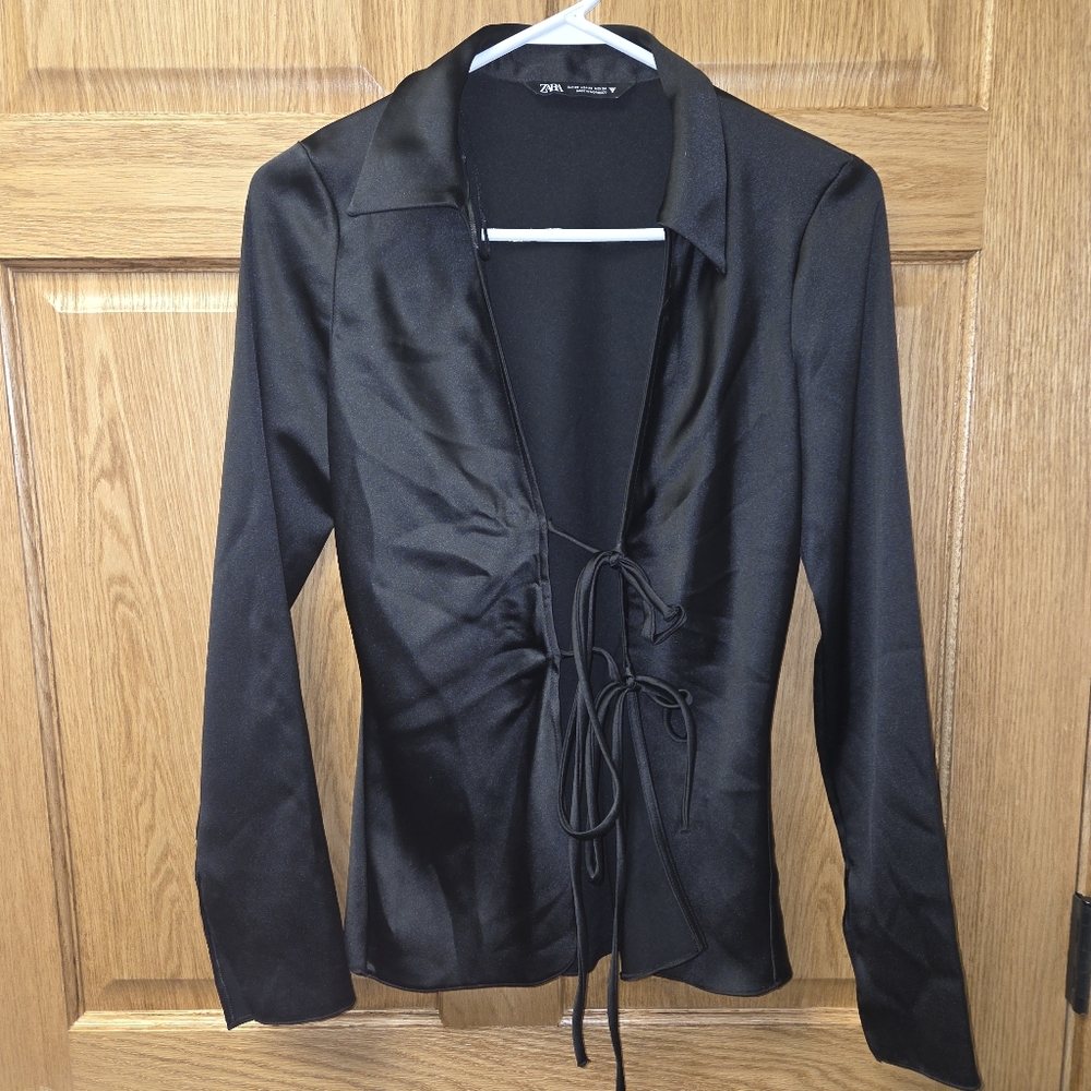 Zara Black Satin Tie-Front Blouse